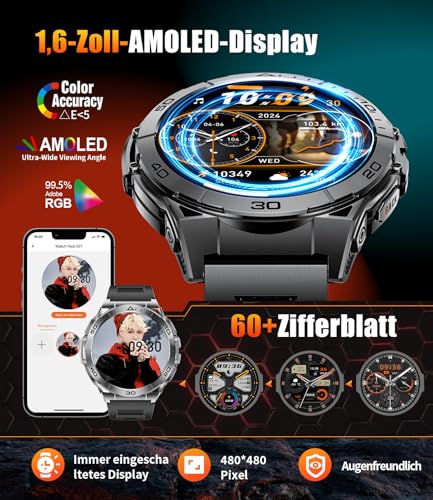 Smartwatch Herren Militär, 1,6'' AMOLED Smartwatch Telefonfunktion, Sportuhr Herren 100+ Sportmodi, Herzfrequenz/Schlaftracking… – Ansicht 4