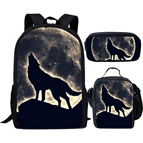 Set zaino scuola Cosmo esterno per studenti borsa termica per il pranzo 3 pezzi Lupo notturno Taglia unica Zaini Daypack