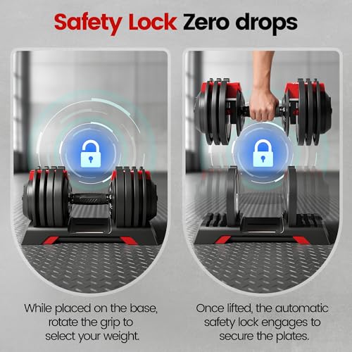 Yagud Adjustable Dumbbell Set of 2, 52.5 lbs Weights Dumbbells, 1 Hand Rotation, Safety Lock System, Anti-Slip Textured Handle, Space-Saving Dumbbell Set for Full-Body Home Gym - Image 5