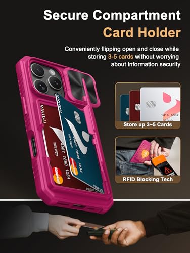 Image of Vihibii for iPhone 16 Pro Case Wallet with Card Holder (4 Cards) [RFID Blocking] & Slide Camera Cover & Raised Edges Protect Screen, Shockproof Rugged Phone Cover for iPhone 16 Pro 5G 6.3 inch 2024, Pink