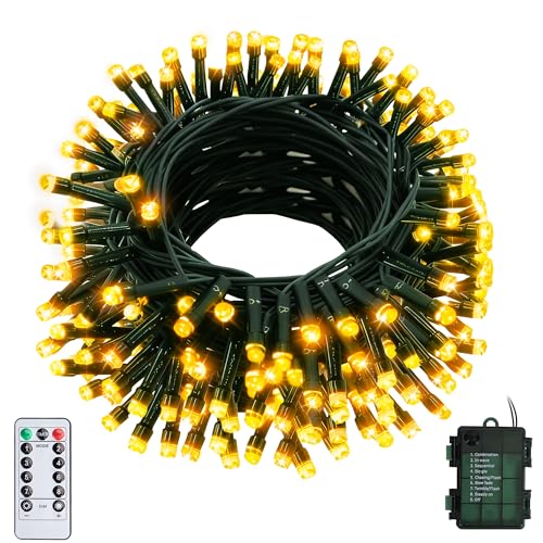 Jixviqi 20M 200LED Lichterkette Batterie, Wasserdichte Weihnachtsbaum Lichter mit Fernbedienung, 8 Modi & Timer, Dimmbar Innen Außen Warmweiß...
