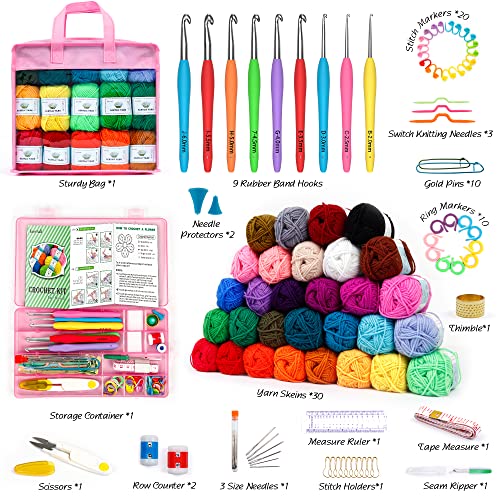 Image of Crochet Yarn Kit for Beginners Adults and Kids, Includes 1650 Yards 30 Colors Acrylic Skeins, User Manual, Hooks, Pink Bag etc, Make Amigurumi & Crocheting Projects, Starter Set for Professionals