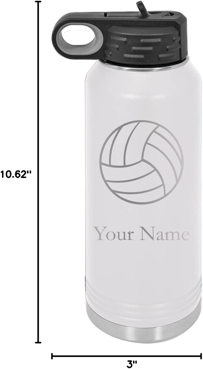 Volleyball Personalized Custom Engraved Double Wall Vacuum Hot/Cold Drinks Insulated Stainless Steel Boys/Girls Sports Team Water Bottle with Flip Top Lid, Straw