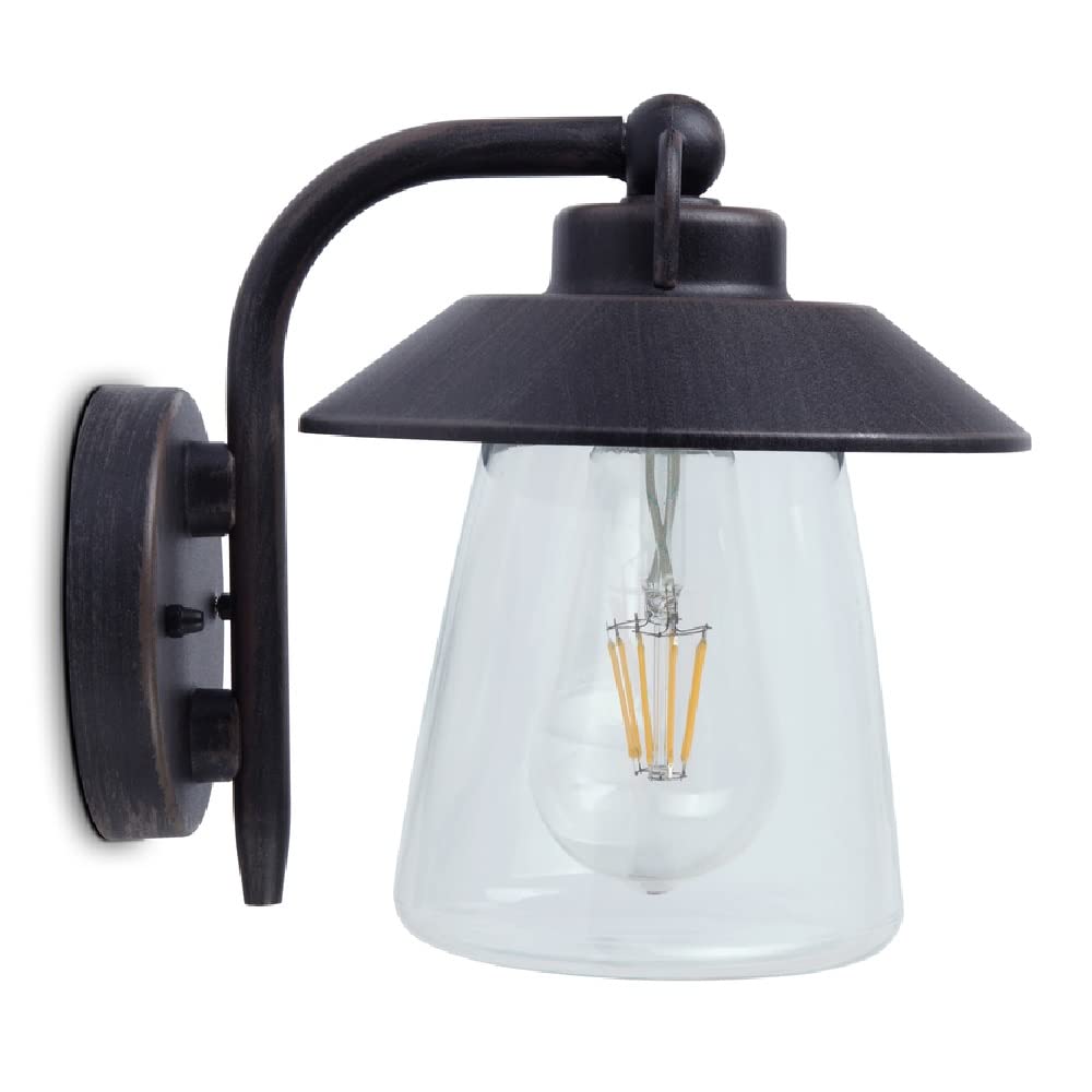 Britalia Matt Black Rust & Clear Glass Outdoor Vintage Swan Neck Down Lantern Wall Light | IP44 Exterior Rated | 20cm Height | 1 x ES E27 Lamp Bulb Required | Garden - Patio - Driveway