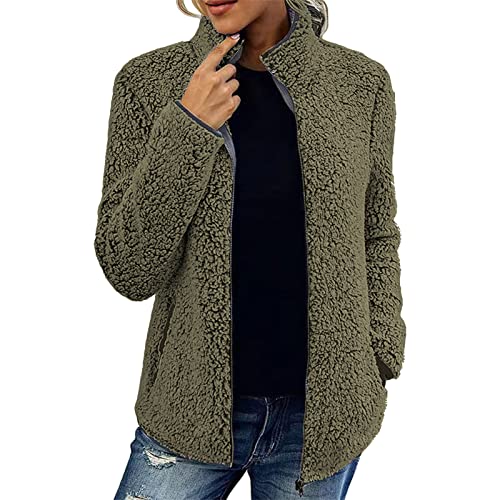 Kanpola Fleecejacke Damen Warm Winterjacke Langarm Plüschjacke Stehkragen Teddy Fleece Jacke Reißverschluss Mantel mit Taschen Lose Casual Wintermantel Outwear Oberteile