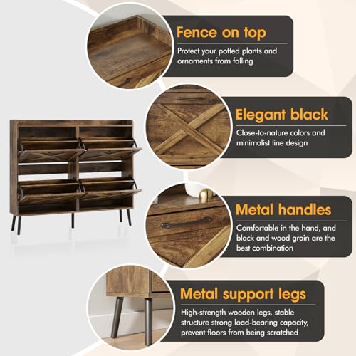 Image of Maupvit Large Shoe Storage Cabinet with 4 Flip Drawers, Narrow Shoe Cabinet for Entryway with Wooden Legs, Freestanding Hidden Shoe Rack Organizer & Metal Hinges, Rustic Brown