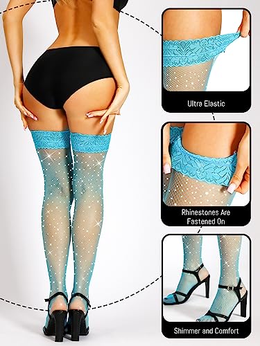 Image of HONENNA Rhinestone Fishnets Thigh High Stockings, 20+ Colors Sparkle Fishnet Tights for Women Small Fish Net Glitter