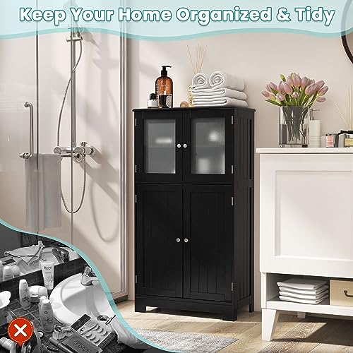 COSTWAY-Bathroom-Storage-Cabinet-Wooden-Linen-Storage-Organizer-Cupboard-with-Doors-Adjustable-Shelf-Freestanding-Floor-Cabinet-for-Living-Room-Kitchen-Entryway-Office-Black COSTWAY Bathroom Storage Cabinet Wooden Linen Storage Organizer Cupboard with Doors Adjustable Shelf Freestanding Floor Cabinet for Living Room Kitchen Entryway Office Black