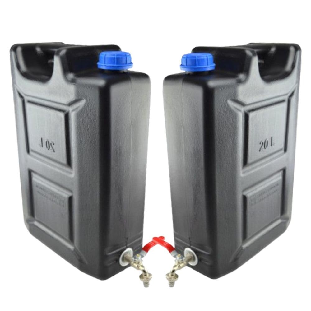 Bidón de agua de plástico, 20 l, depósito de agua con grifo, juego de 2 unidades, recipiente de agua potable, bidón de reserva, bidón de plástico, para casa, jardín, camping, etc., cierre hermético,