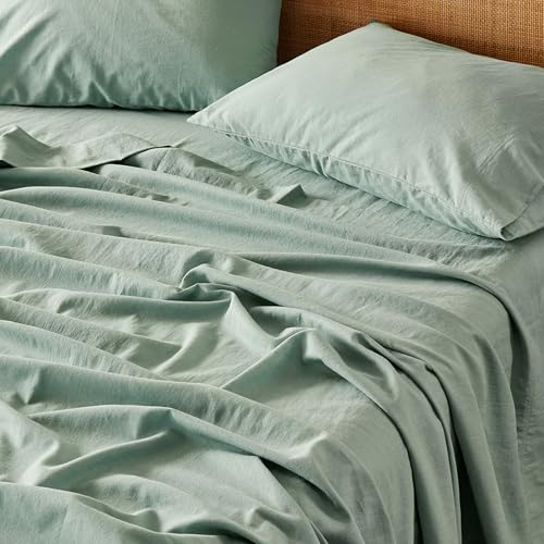 Bedsure Linen Sheets - King Size Sheets, Blend from Linen Cotton Bedsheets, Breathable Cotton Bedsheets, Gifts for All Seasons, 4 Pieces, Green