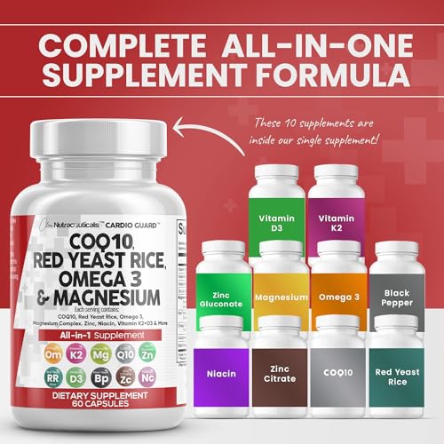 Clean Nutraceuticals COQ10 SUPPLEMENT 200Mg Red Yeast Rice 3000Mg Omega 3 3000Mg Magnesium Complex 500Mg Niacin Zinc Vitamin K2 D3 thumb #1