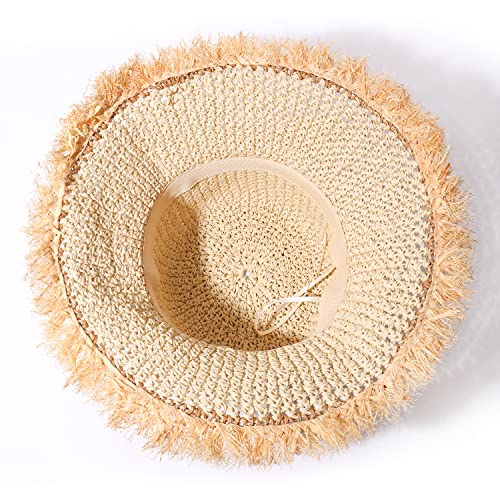 Boderier Womens Straw Hat Beach Sun Hat Floppy Frayed Crochet Foldable Straw Bucket Hat Summer Beach Accessories Beige thumb #4