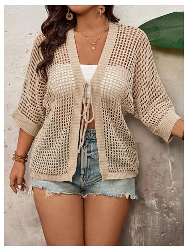 Verdusa Women's Plus Size Hollow Out Lightweight Cardigans Casual Bow Tie Outerwear Western Knit Tops3