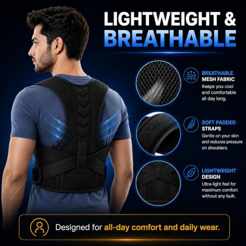 Image of PulGos Posture Corrector Belt for Men & Women | Adjustable Back Brace for Posture Correction and Spine Support | Comfortable Daily Wear for Back, Neck and Shoulder Relief | Universal Size 30-48 Inches