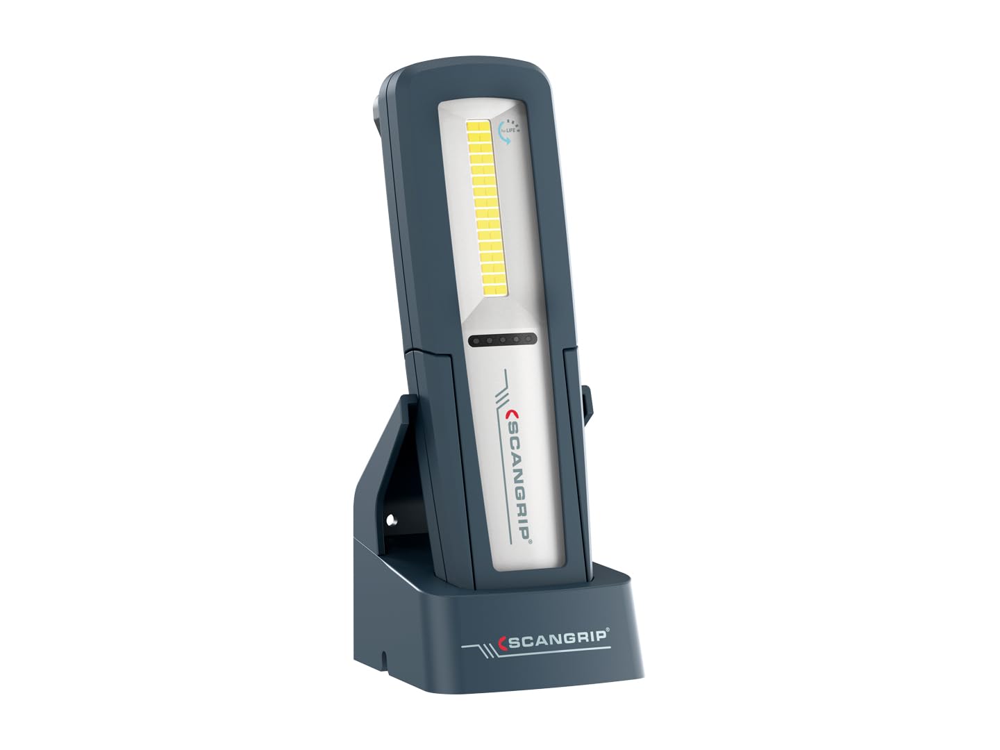 Scangrip Uniform Lámpara de Trabajo LED Recargable | 500 Lúmenes, con Base de Carga, Imán, Gancho y Clip | IP65 Resistente al Agua y Polvo, Cabezal Inclinable, USB-C, Portátil y Ergonómica