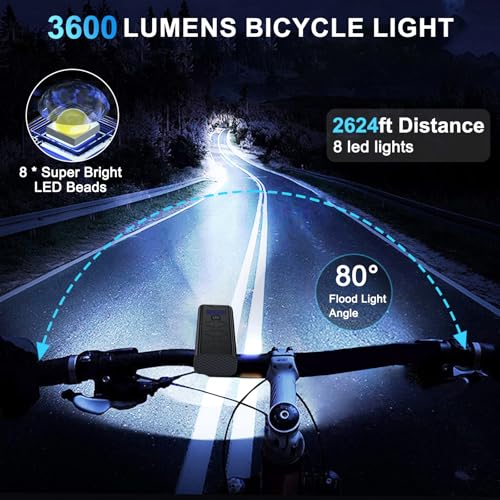3600 Lumens Bike Lights, 8* LED Bike Light, 9600 mAh USB-C Rechargeable Bicycle Headlight with 5＋4 Light Modes, IPX6 Waterproof Bicycle Lights for Mountain Road Cycling Commuting Night Safety - Thumbnail 2
