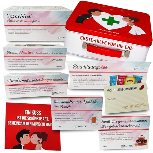 Hochzeitsgeschenk | Erste Hilfe Set für die Ehe, witziger Sanikasten | 9-teilig | Geschenk-Box zur Hochzeit / Valentinstag