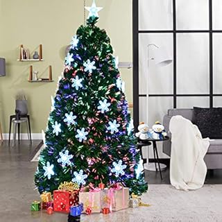 COSTWAY 7FT Fibre Optic Christmas Tree, Artificial Green Xmas Tree with Metal Stand, Light Snowflakes and Top Star, Multicoloured Christmas Decoration and Gift (7FT/2.1M)