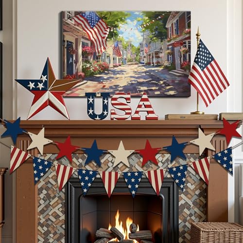 Image of Framed Patriotic Small Town USA Wall Art, American Flag Street Canvas Art Pictures, Vintage Main Street Wall Decor for Living Room Entryway Dining Room, Ready to Hang Made in USA