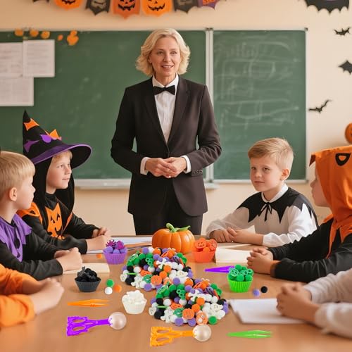 Image of EZdhuawuse Halloween Sensory Bin Fillers - 269P Halloween Fine Motor Toys Sorting Stacking Toys for Kids, Glitter Felt Pumpkin Black Cat Hat Pom Poms for Preschool Education Early Development Activity