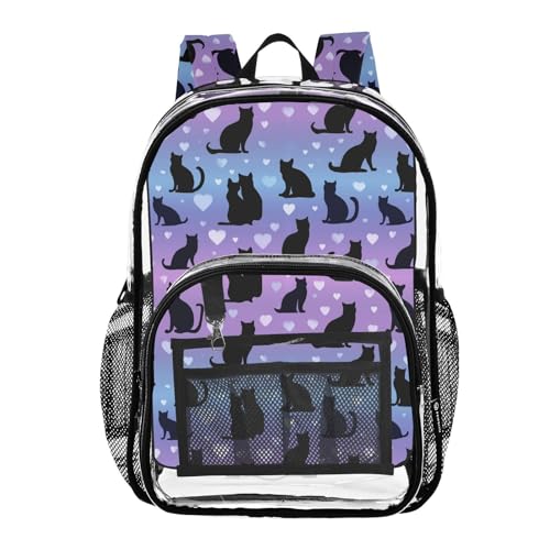 Kids PVC Clear Backpack Black Cat Blue Purples Heart Heavy Duty Multi-pockets Large Capacity Transparent See Through Bookbag for School Travel Sport Work