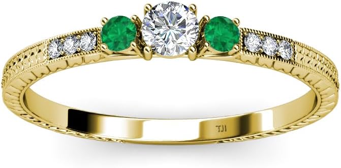 TriJewels Diamond & Emerald Round Cut 0.38 ctw Womens Three Stone Engagement Ring in 14K Gold