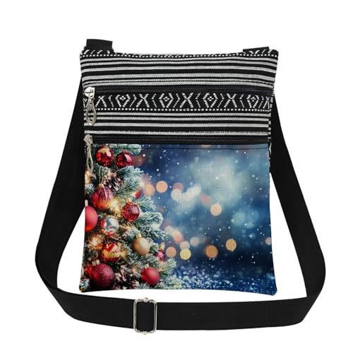 XiaoGalaee Festive Christmas Tree Print Crossbody Bag Twinkling Lights Ornaments with Pine Cones Adjustable Strap for Adults Messenger Bag Holiday Christmas Birthday GiftforWomen Men