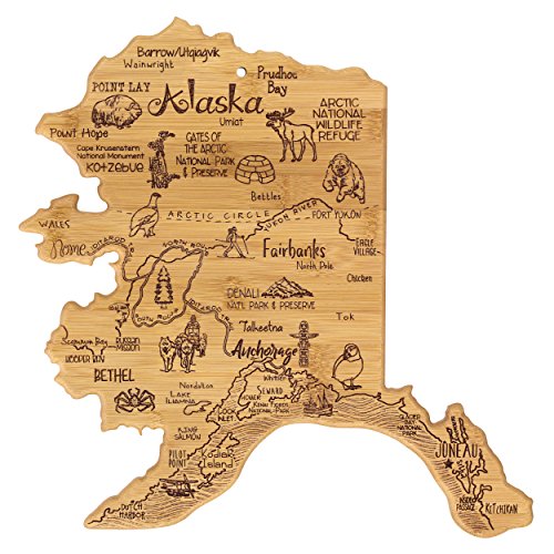 Totally Bamboo Destination Alaska State Shaped Serving and Cutting Board, Includes Hang Tie for Wall Display