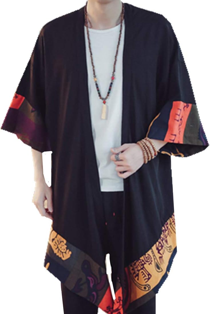 HZCX FASHIONMen's Cotton Linen Long Kimono Jackets Open Front Cardigan Cloak