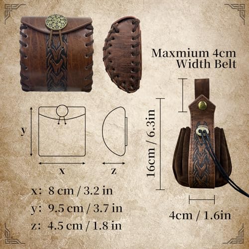 2 PCs Medieval Faux Leather Belt Bag, Renaissance Drawstring Pouch Dice Bag, Vintage Side Pack Coin Purse for LARP (Brown A)2