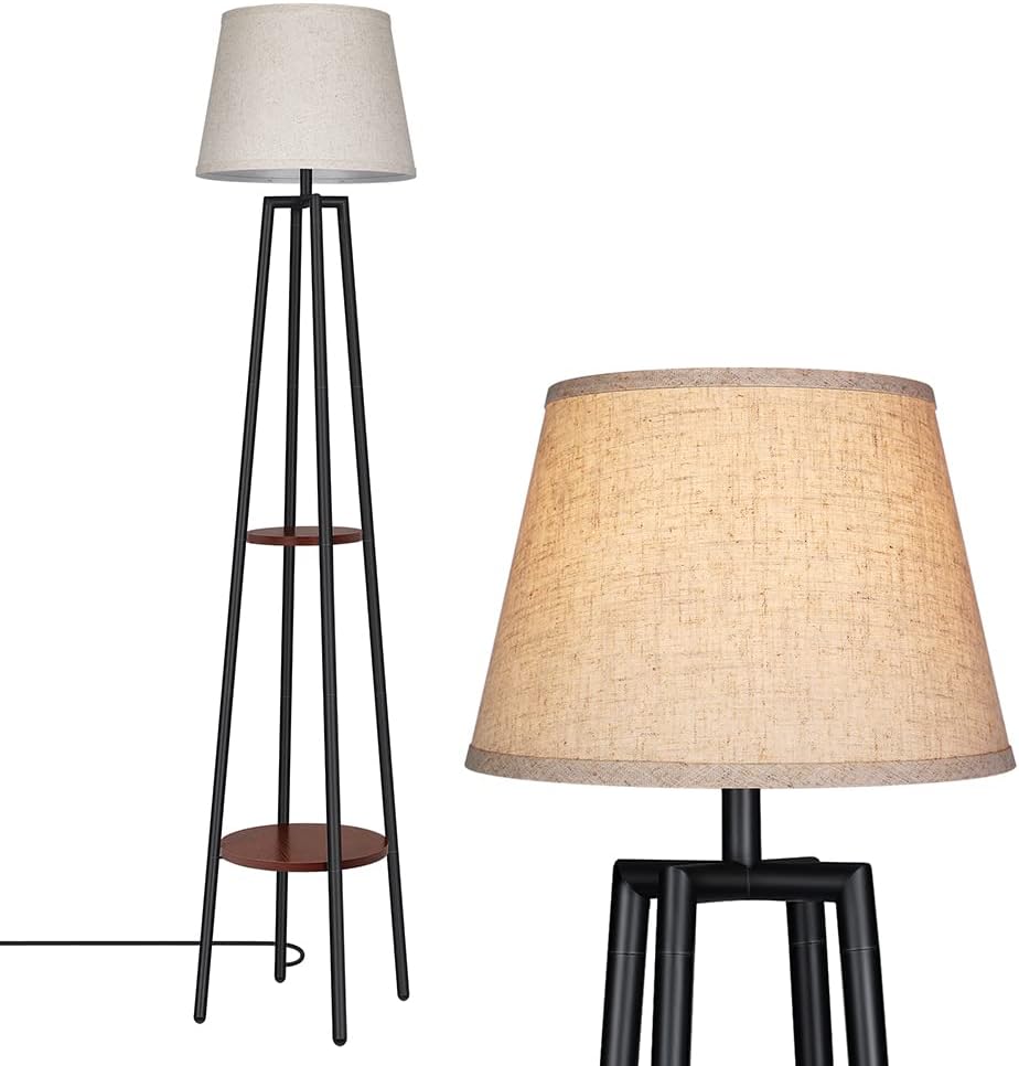 DEWENWILS Modern Tripod Floor Lamp with Shelves, Fabric Lamp Shade, Standing 2-Tiered Corner Lamp, Organizer Storage Shelf Lamp for Living Room, Bedroom, Office, 65 inch (Farmhouse-Red)