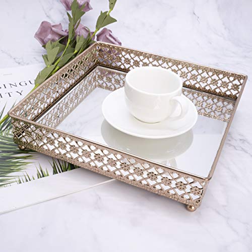 Mirrored Tray, Perfume Tray, Square Metal Ornate Tray, Vanity Jewelry Tray, Serving Tray, Decorative Tray (Set Of 1, 8.25", Rose) #TOP4