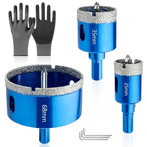 SneiDr Scie Cloche Diamantée Set 3pcs 25 35 68mm Foret Diamant Carrelage avec Foret de Centrage Tige Triangulaire 9.8mm 3 Clés Allen et Gants de Protection...