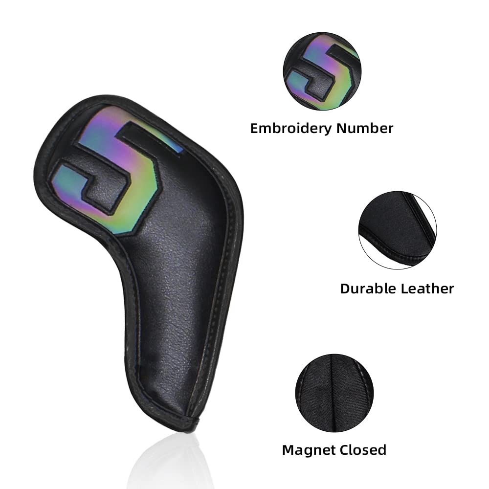 Scott Edward 10 fundas de cuero para cabeza de golf de hierro fuerte, cierre magnético, cuello largo, proteger el club, claramente número 3-9/A/P/S (cuero degradado negro)