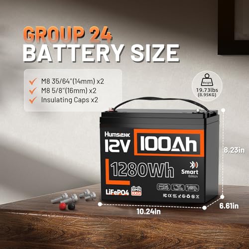 Image of HumsiENK 12V 100Ah LiFePO4 Lithium Battery with Bluetooth (Group 24), 15000+ Deep Cycles Battery, Built-in 100A BMS & Low-Temp Protection, Max. 1280 Energy for RV /Boat /Off-Grid /Home Backup