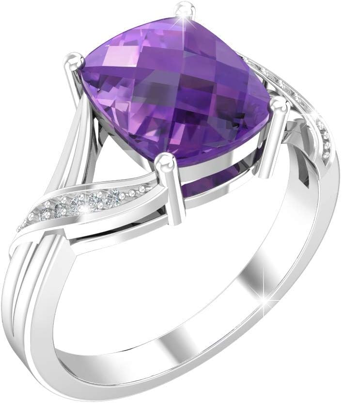 925 Sterling Silver 10x8 mm Cushion Diamond Gem Birthstone Ring