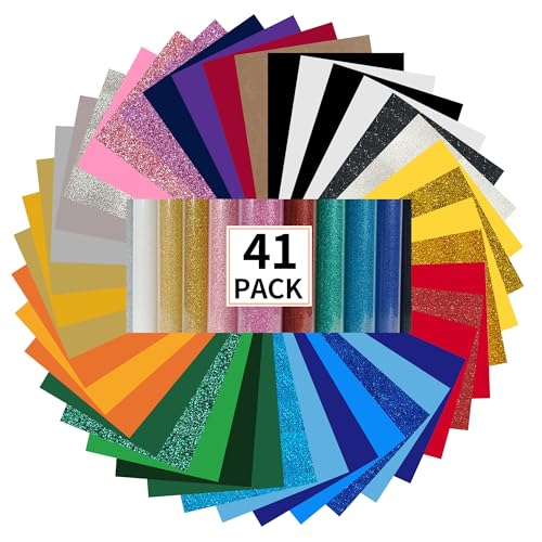 Image of guangyintong HTV Heat Transfer Vinyl Bundle, 41 Pack 12 inch x 10 inch Iron on Vinyl for T-Shirt 31 Assorted Colors Clossy and Glitter HTV Vinyl for All Cutting Machine Easy to Cut & Weed