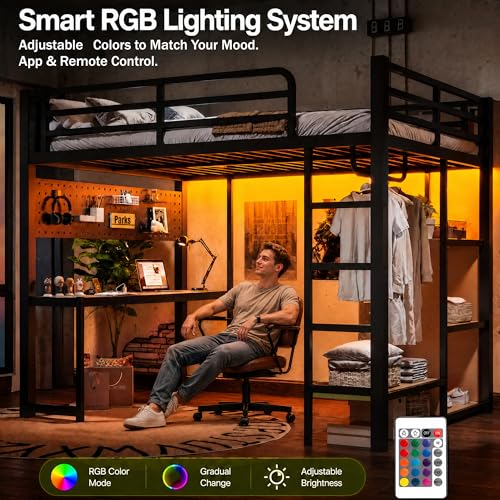 Image of Bellemave Metal Full Size Loft Bed with Desk and LED Lights,Heavy Duty Loft Bed Frame with Storage Shelves and Charging Station for Kids,Teens,Adults, Space Saving,Black