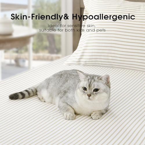 Image of FreshCulture Full Size Bed Sheets - Ultra Soft Striped Sheets - Brushed Microfiber - Deep Pockets up to 16 inch - Easy Care - Hotel Luxury 4 Piece Striped Sheets Full, Stripe Beige
