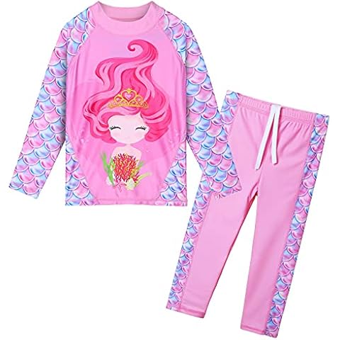 TFJH E 2-Piece Girls Swimsuits Long Sleeve Rashguard Set UPF 50+ Sunsuits Size 7-8 Girl Pink Long 8A Cover
