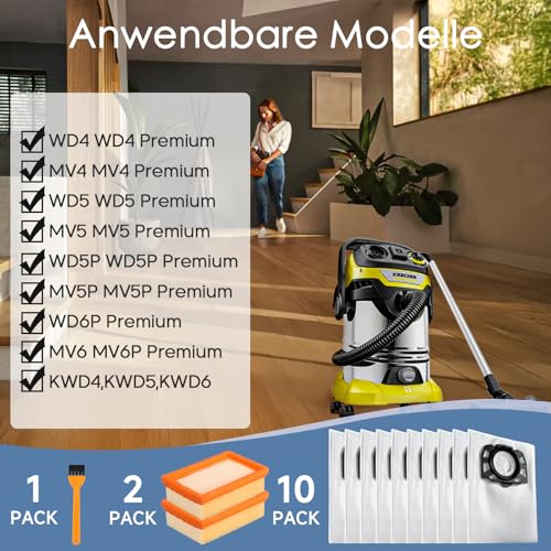 Kaiyaner 10 Staubsaugerbeutel mit 2 Filter für Kärcher WD6 WD5 WD4 WD5P WD6P MV4 MV5 MV6 Staubsauger KFI 487 und KFI 4410 Staubbeutel Ersatzteile Zubehör Beutel HEPA Filter 2.863-006.0 und 2.863-005.0