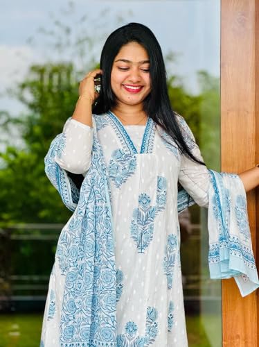 Image of GoSriKi Women's Rayon Blend Anarkali Printed Kurta with Pant & Dupatta