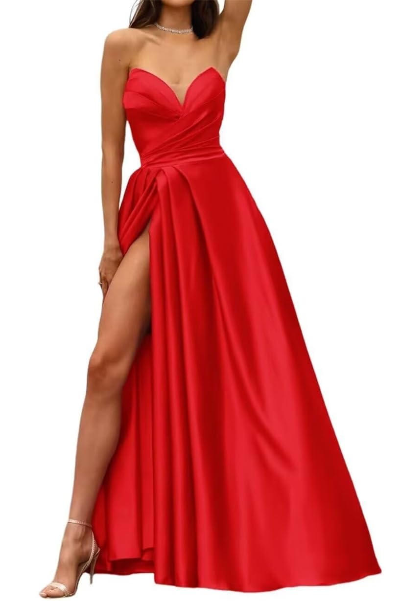 Wseyu Women's Red Satin Bridesmaid Dresses V-Neck Prom Dresses A Linepleated Formal Evening Party Ball Gown With Slit Zm263 Uk6
