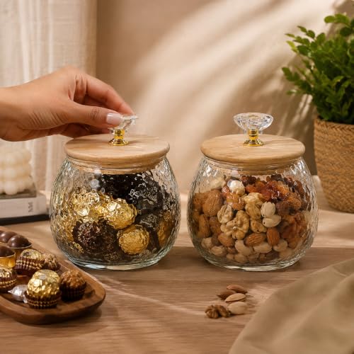 Image of bellemax 500ML Clear Glass Storage Jar With Air Tight Wooden golden butterfly Lids- Airtight Food Jars Glass Kitchen Containers For Pantry, Pickle Jar, Sugar Pasta Sugar Storage Jar (BM-04, Set of 2)