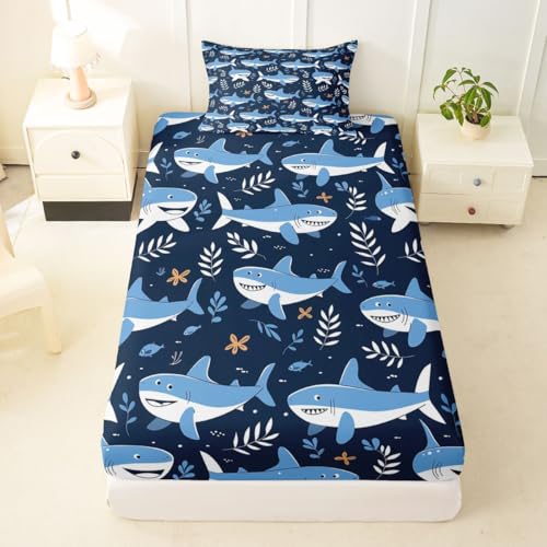 Image of jejeloiu Shark Bed Sheets Set Twin Size Ocean Decor Deep Pocket Fitted Sheet Sea Animal Bedding Sets Marine Life Soft Bed Set 3Pcs with 1 Pillow Cases