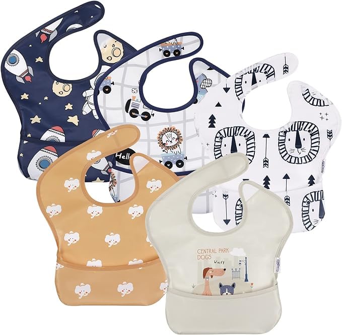 [GLLQUEN BABY] 食事エプロン 離乳食 保育園 5点セット ベビー 子供 汚れ防止 フリーサイズ 防水 洗濯機可能 調節可能 BPAとフタル酸塩なし 旅行に最適 防水お食事