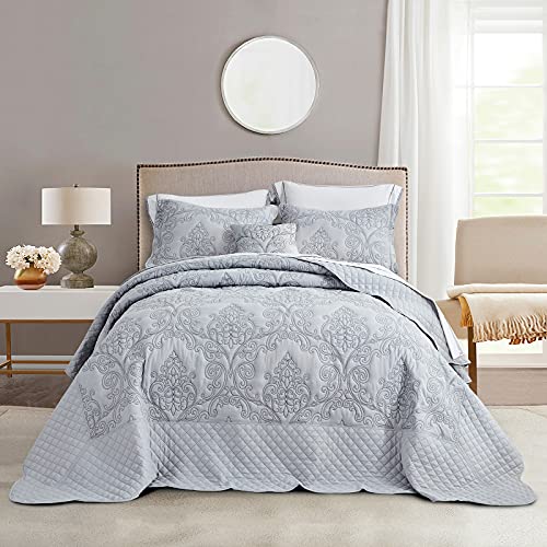 Image of CHIXIN Oversized Bedspread Coverlet Set King Size - Lightweight Bedding Cover - Beautiful Stitching - 5 Piece Reversible Bedspread - Luxury Damask Paisley Pattern (King, Light Grey)