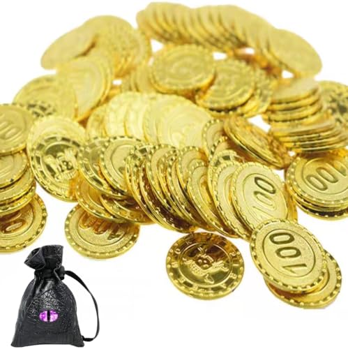 YKKJONLY 100 Piezas Monedas Chocolate de Plástico，Monedas Oro Plásticas Pirate，para Tema Pirata, Fiesta, Cumpleaños, Halloween, Acción Gracias, Navidad.(Color Mixto)