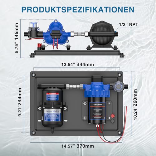 LumaBrite DC 12V Wasserdrucksystem - Wasserpumpe 12V Membranpumpe Selbstansaugende 3.0GPM 50 PSI und 0.75L 125 PSI Druckausgleichsbehälter Wohnmobil für Camping Gartenbewässerung, Boote