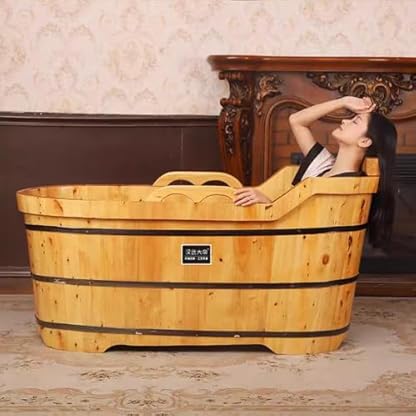ZCBYBT Spa Center Massivholz Stand Alone Tub Free Standing BathtubSie Holzwanne mit Handläufen Badewanne Stuhl & Pop-Up Abfluss,160cm – Bild 6